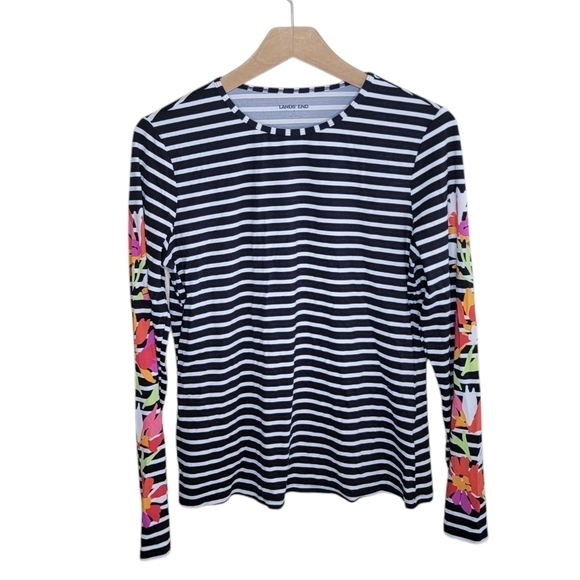 Lands' End | Black & White Striped Rashguard with Floral Detail on Sleeves - Picture 1 of 5